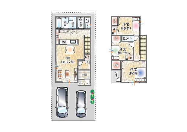 【【1号地／参考プラン(2)】】(ベストプラン建物価格：2480万円～)
■建物面積：89.85m2 ■2階建て×3LDK
各居室収納収納＋WIC＋キッチン物入！充実の収納力で、すっきり暮らせる住まい。