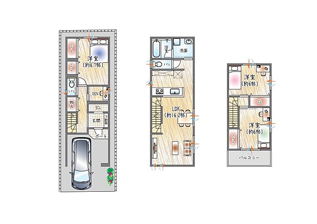 【【3号地/参考プラン(1)】】(ベストプラン建物価格:2480万円~)
■建物面積:95.24m2 ■3階建て×3SLDK
書斎にも、大容量収納にも。暮らしに合わせて使い方が広がる、便利な+α空間。