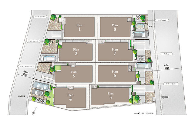 【個性が照らされる光を享受する街】
リズムを産む2種類の屋根形状と木目をあしらい壁を立ち上げたバルコニー。白壁と木目が緑と重なり光を受けて輝く全8邸の家並みが、心安らぐ豊かな暮らしをもたらします。