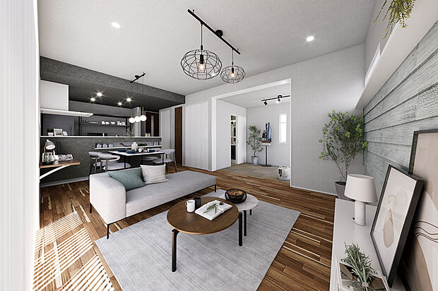 【【PLAN/フレックスルーム】】変化する暮らしに寄り添う、自由自在な続き間空間のある暮らし。アーティスティックなシャイニーウッドが印象的な、モダンで美しいリビング。その隣には、肌触りの良いフロアに憩う自由な空間をプランニング。