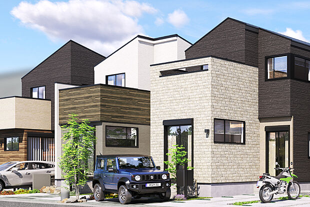 【美しいスカイライン描く屋根形状】シンプルな切妻屋根デザインが青空に映える美しいスカイラインを描き、モダンでスタイリッシュな街並を演出します。