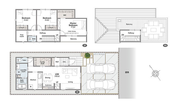 3LDK+ファミリークローク+スタディベース+フリールーム
+専用家具付屋上リビング
