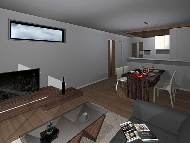 【参考プラン例による内観完成予想図(2号地)】家族が集い、楽しい会話と美味しいごはん。何気ない家族団らんの時間が幸せに感じられる、そんな空間になりそうです。