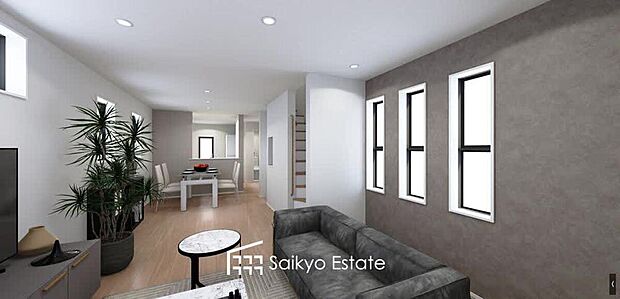 【内観完成予想図】リビングには2箇所に床暖房を完備。冬でもポカポカ快適空間!空気を汚さずに室内を快適な温度に保ちます。