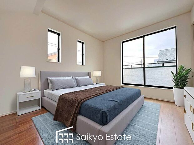 【寝室(施工例)】2面採光で明るく風通しも良好です!天気の良い日は是非窓を開けて空気の入れ替えをしてみるのはいかがでしょうか♪