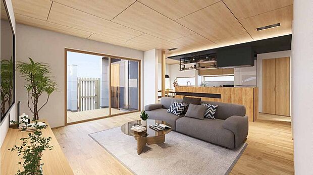 【リビング完成予想図】リビングには床暖房を完備。冬でもポカポカ快適空間！空気を汚さずに室内を快適な温度に保ちます。（リビング完成予想図）