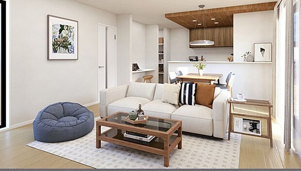 【内観完成予想図（リビング）】開放感と採光にこだわった広々としたLDKです。陽光いっぱいの空間で家族団らんの時間も増えそうですね！
