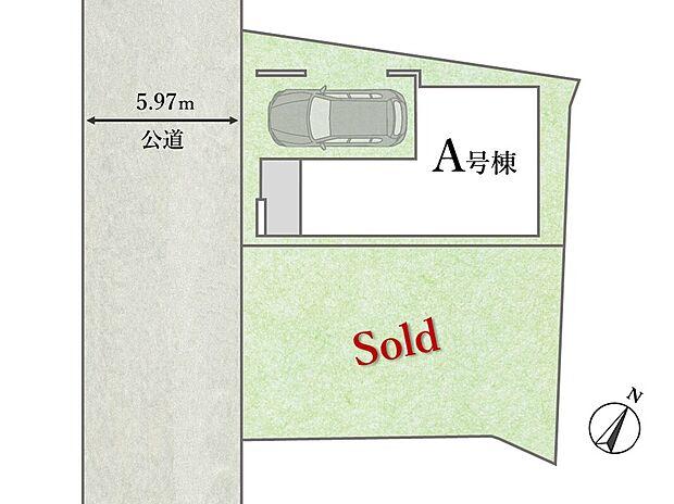 【全体区画図】
デザインと性能を融合させた、白が基調のオシャレなデザイナーズZEH住宅。
前面道路が5.97mあるので、車を停めるのが苦手な方でもスムーズに駐車することが可能。