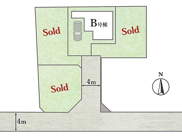 【全体区画図】
世田区の閑静な住宅街に佇むカースペースが付いたゆとりある邸宅が全4棟で誕生！
南向きで陽当たり・通風良好！