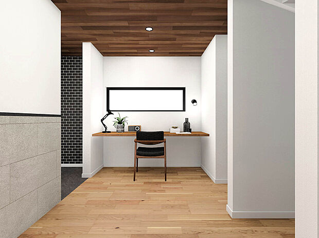 【建物イメージパース：LDK】
カウンターキッチンやリビング階段を取り入れた家族間の絆が深まりやすい設計。キッチン横に設けられたカウンターはお子様の勉強や在宅勤務などのワークスペースとして利用可能。