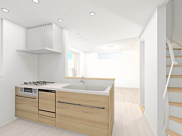 【建物完成イメージパース：Kitchen】
あると便利な食洗器搭載キッチン。手洗いの時間や労力を大幅に削減でき、家事の効率化が図れ、空いた時間に他の作業やのんびり家族との時間が増えます。