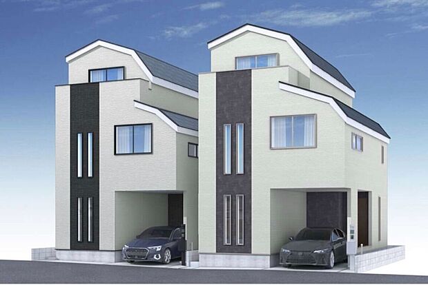 【建物完成イメージパース】
ビルトインガレージ付きでモダンな外観の邸宅が2邸誕生！
ウォークインクローゼットやキッチン横収納など収納設備が豊富。