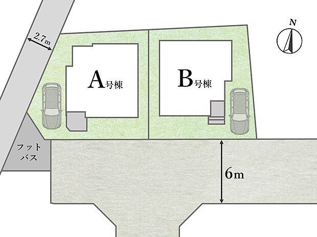 【全体区画図】
お車での移動がスムーズになるカースペース付。前面道路が6mの丁字路なのでお車の出入りもしやすくなっています。