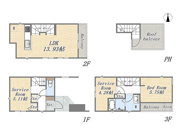 【1LDK+2S+ルーフバルコニー】【2号棟】
Plan:1LDK+2S+ルーフバルコニー+ビルトインガレージ
土地面積:47.42m2(14.34坪)
建物面積:84.11m2(25.44坪)