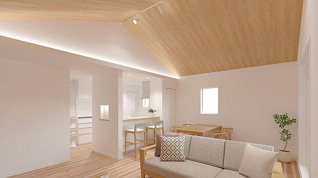 【【建物完成イメージパース LDK：1号棟】】LDK18帖超のゆとりある空間。自由にレイアウトを組めるのも魅力で暮らしを充実したものにします。