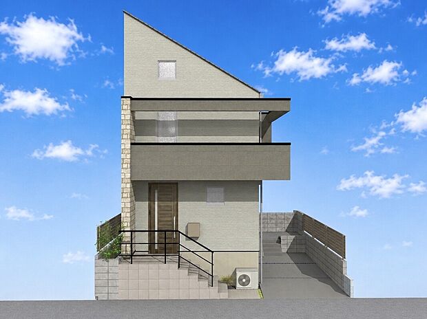 【【建物完成イメージパース】】少数世帯でも管理がしやすい2LDKプランの住まい。開放的な勾配天井や広々としたリビング横のL字バルコニーなどを取り入れた設計。