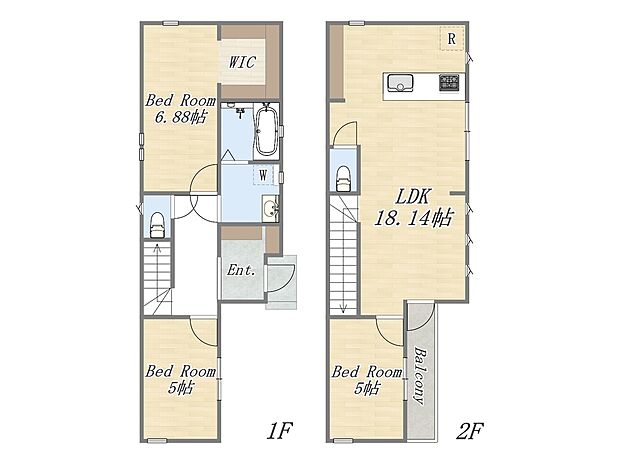 【【建物プラン例：2階建て】】Plan：3LDK+WIC+カースペース
建物参考価格：2300万円｜設計・外溝・地盤改良費は別途かかります。
建物面積：85ｍ2