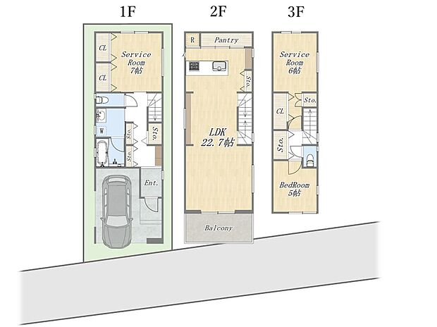 【【建物プラン例：3階建て】】Plan：1LDK+2S+Pantry+ビルトインガレージ
建物参考価格：2750万円｜設計・外溝・地盤改良費は別途かかります。
建物面積：114ｍ2
