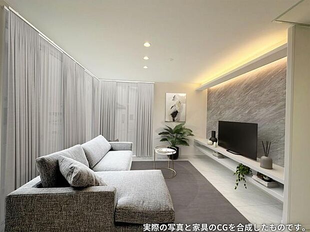 【リビング【1号地】(2023年6月撮影)】南と東に開口を設け、明るいリビングを演出いたしました。