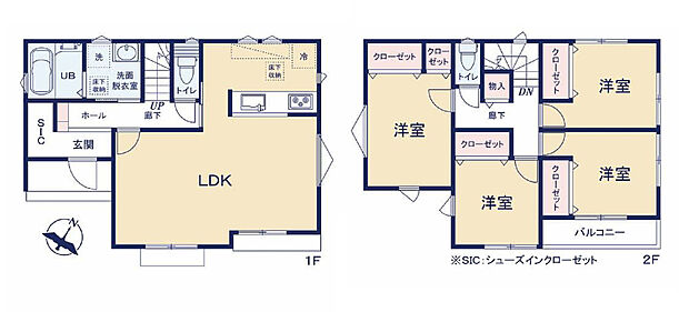 4LDK、土地面積192.14m2、建物面積98.95m2
全部屋角部屋で風通し、陽当たりの良い間取り設計です。