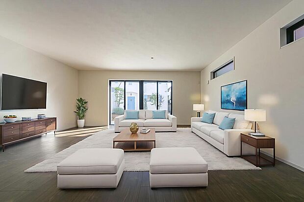 【リビングルーム】大きな窓から陽光がたっぷり注ぐリビング。家族の笑顔が集まる明るい空間です。※画像にある家具一式はCGイメージです。実際に付いておりません。