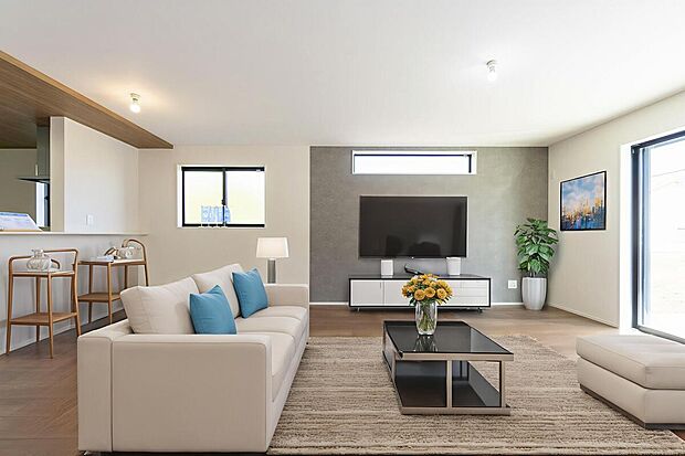 【リビング】白で統一された明るいリビングは、まるで家族の未来を描くキャンバスのよう。どんなインテリアも美しく映え、ご家族だけの色で彩る楽しみが待っています。※家具はCGにて配置しておりますが実際に置かれておりませ