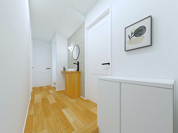 【完成予想図】玄関ホールイメージパース。手洗い水栓を設置。外部からの汚れを室内に持ち込みません。