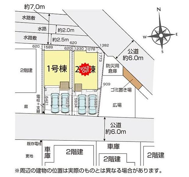周辺は第一種低層住居専用地域で落ち着いた住環境です。前面道路は広めの6m!お車の出し入れがしやすいですね。カースペース並列2台分!