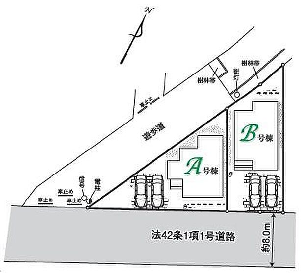 広めの敷地45~46坪!8mの前面道路と遊歩道に囲まれた開放感のある区画です♪カースペース並列2台分!