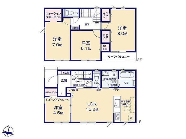 (１号棟)、4LDK、土地面積102.46m2、建物面積98.53m2 