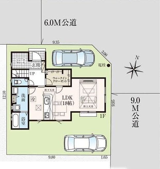 北側6m×東側9mの角地にて、開放感がございます。車種により2台駐車可能です♪