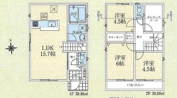 (１号棟)、3LDK+S、土地面積98.23m2、建物面積77.76m2
