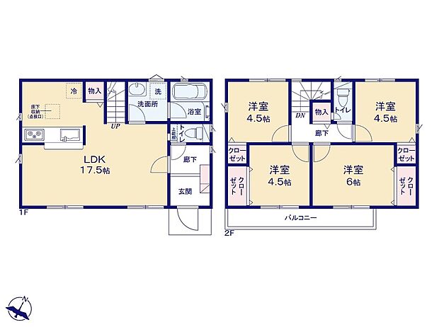 【4LDK】☆２階に４部屋を配置☆
２階に個室を４部屋設けています！ご家族の多い方、ご夫婦で寝室を分けたい方におすすめです。趣味のお部屋やテレワークルームにも活用できそうです！