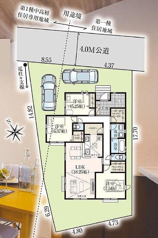 【全体区画図】敷地６６坪超え！カースペース２台分確保！スーパーやショッピングセンターが近くお買い物に便利な立地です。バイパスが近くお車でのお出かけもスムーズ♪