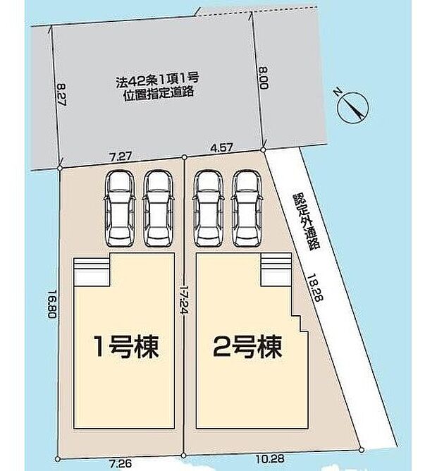 【全体区画図】前面道路が約8mと広めで開放感があります♪ゆとりの37坪超えの敷地、カースペース並列2台分確保!