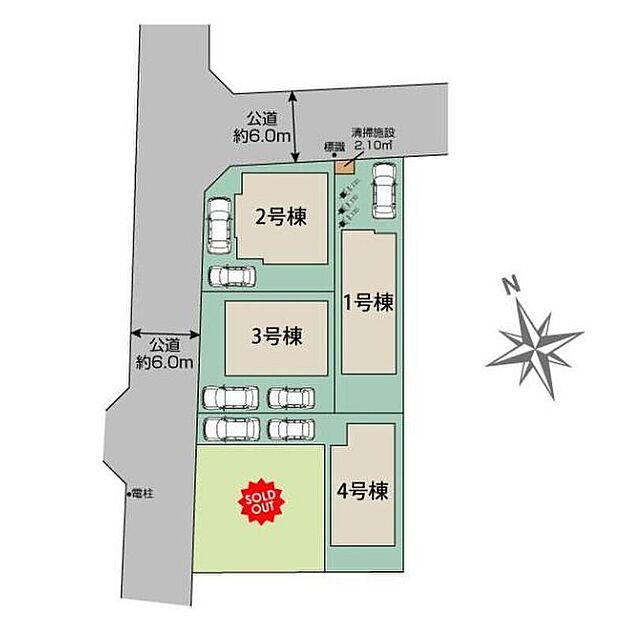 【全体区画図】前面道路は６ｍと開放感がある立地です。お車の出し入れがしやすく運転が苦手な方でも安心。カースペース１～２台分確保！