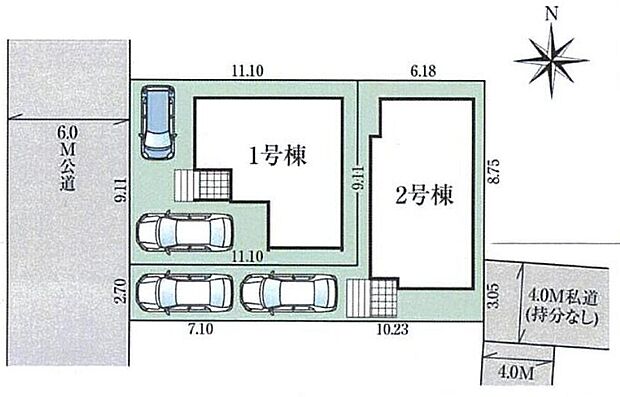 【全体区画図】車種により２台駐車可能なカースペース！ご夫婦でお車を所有でき、お車でのお出掛けも楽しめます♪