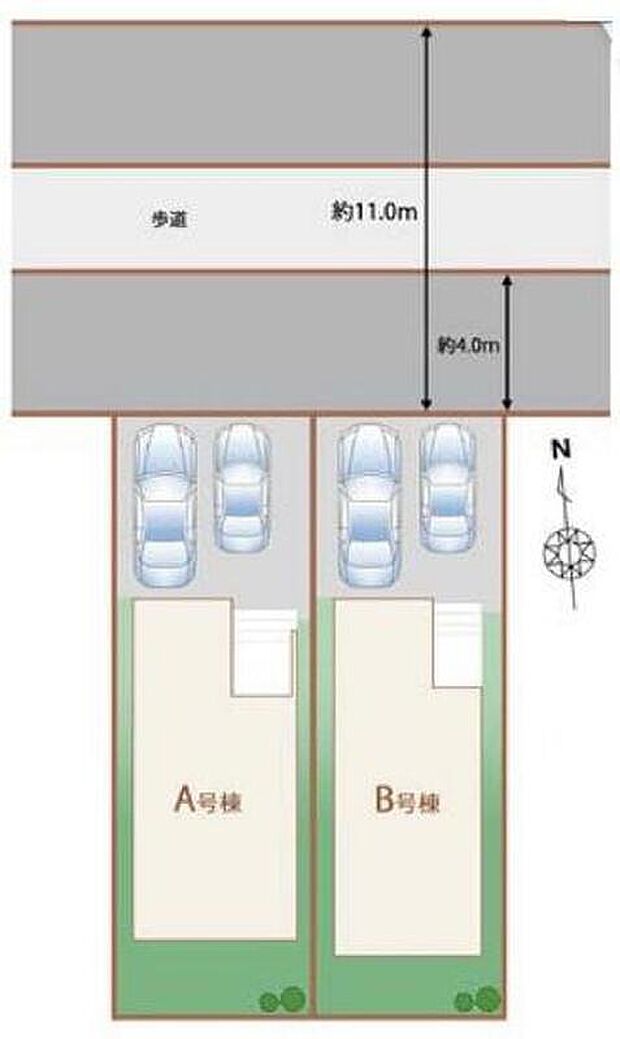 【全体区画図】前面道路約１１ｍの開放感あふれる立地です♪車種により２台駐車可能です。