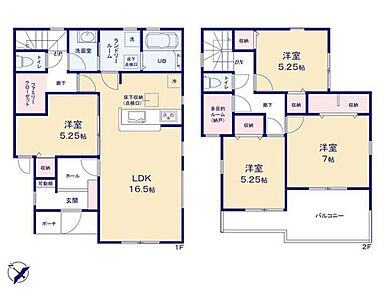 ☆流行の間取りを採用☆
ご家族みなさまの衣類を一か所に収納できるファミリークローク、洗面所と分離したランドリールーム、物置や仕事部屋に利用できる多目的ルームを取り入れました！ 