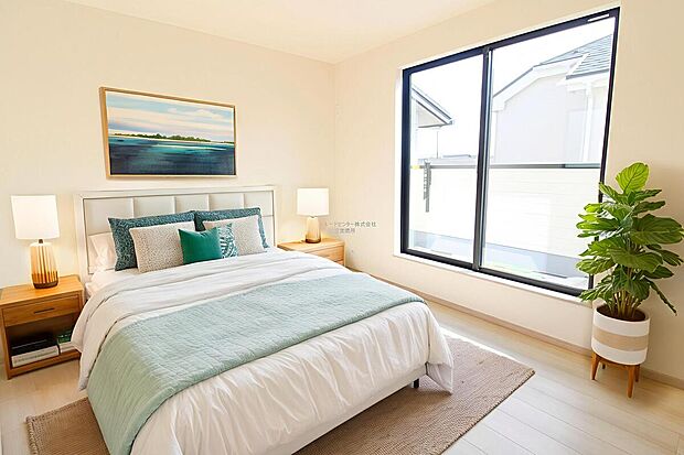 【洋室】日当りの良さは写真でも充分に伝わるかと思いますが、開放感のある周囲にめぐまれたおかげで、風通しもとても良くなっております。※家具をCGで加工しています。家具付き販売ではございません。