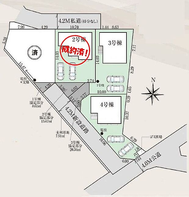 【全体区画図】全棟カースペース２台分！敷地４５坪超えとゆとりのお住まいです。新設道路を通した綺麗な街並みです。