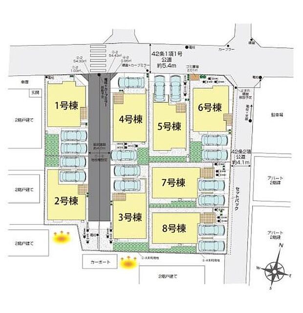 【全体区画図】全棟敷地３６坪超えのゆとりの住まい！カースペース並列２台分確保！駅徒歩１０分ながら広めのお住まいで優雅な暮らしを♪