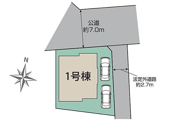 【全体区画図】車種によりカースペース２台可です♪前面道路は７ｍとゆとりがあります。
