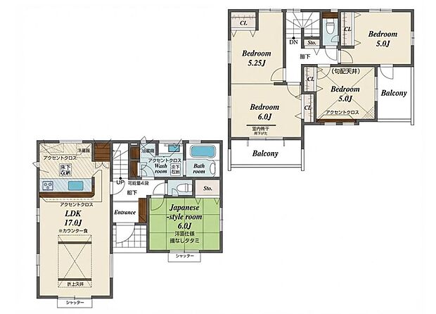 【4LDK】☆フレキシブルルーム仕様☆
2階の11.25帖洋室は、ドアと収納を2か所ずつ設けていますので、将来2部屋に分けることが可能です。お子様が大きくなったら個室にアレンジできますね♪