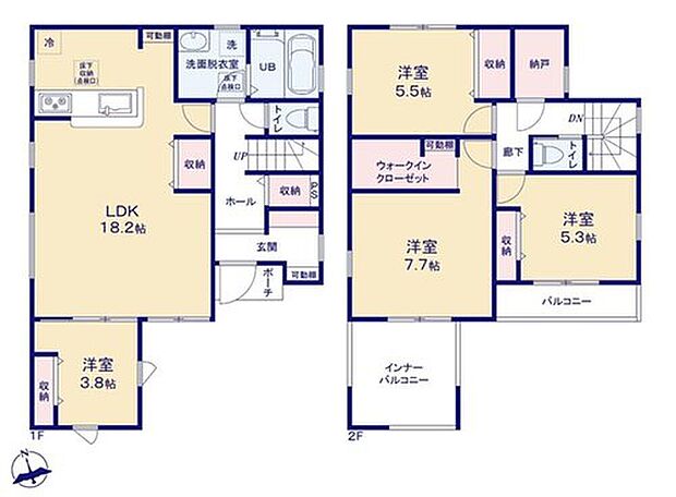 【4LDK+S】☆収納豊富な間取り☆
玄関にはベビーカーが収納できるSIC、2階にはWIC、納戸を設置!必要な場所にたっぷりと収納があり片づけしやすいお住まいです♪
