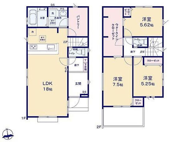 【3LDK】☆収納豊富なおすまい☆
パントリーはキッチンからも洗面所からも出入り可能！食品庫として、ランドリールームとして、多用途にお使いいただけます。２階WICは家族で使える３WAY！