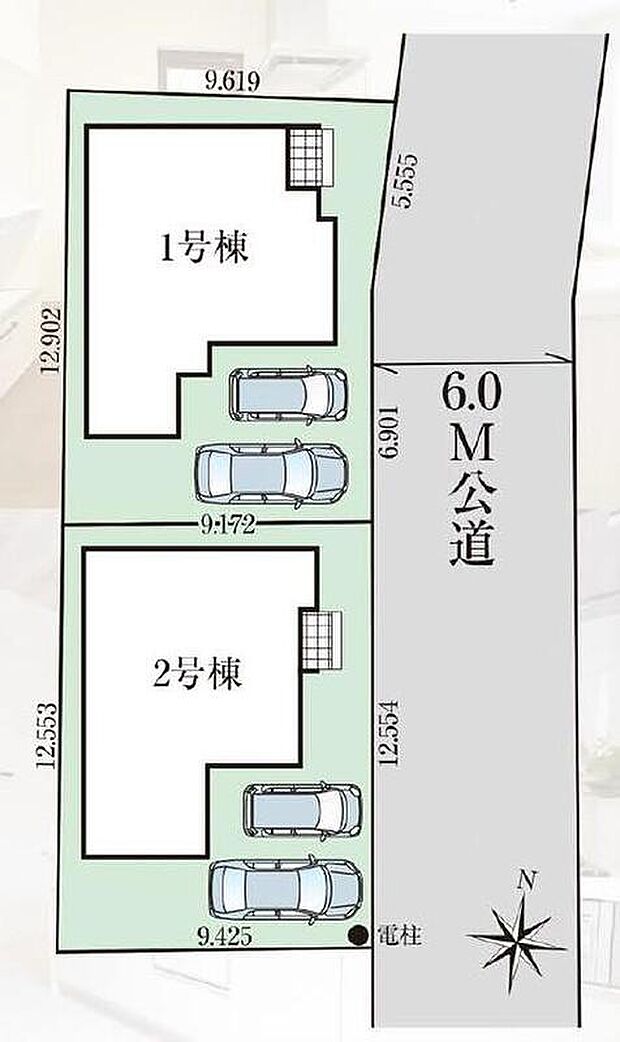 【全体区画図】周辺は第一種低層住居専用地域で落ち着いた住環境です。区画整理地で整備されたきれいな街並み。前面道路はゆとりの６ｍ。敷地３５坪超えとゆとりがありカースペース並列２台（車種による）確保！