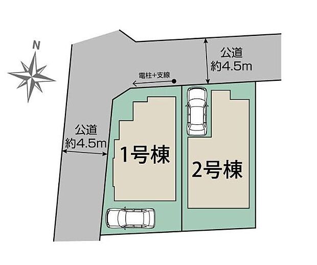 【全体区画図】周辺は第一種低層住居専用地域で落ち着いた住宅外です。前面道路の車通りも少なく静かな住環境です。カースペース完備!