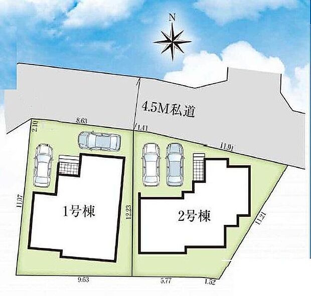 【全体区画図】敷地３５坪超え、カースペース２台分完備♪ご夫婦でお車を所有したり自転車置き場や物置スペースとしても便利です♪