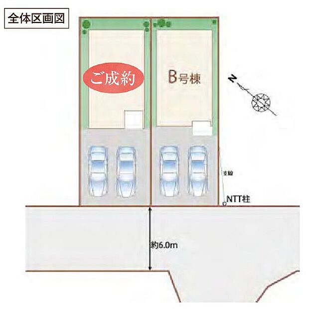 【全体区画図】車種により並列駐車２台分可能です。急な来客時やご家族の自転車置き場としても重宝します♪